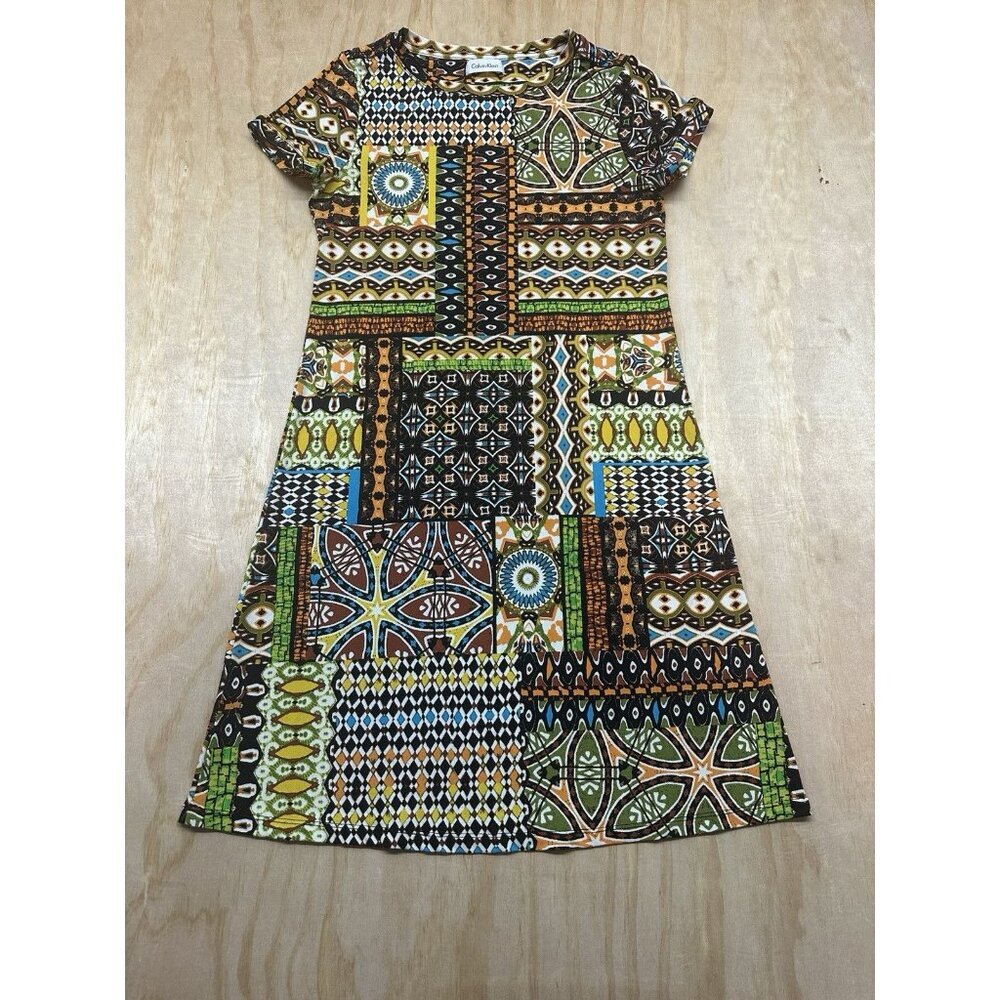 Calvin Klein Geometric Tribal Print Jersey Tee Style‎ Swing Dress Size XS (0)